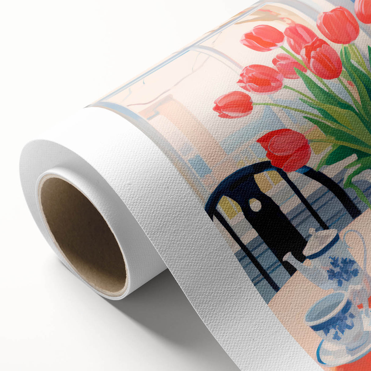 Maximalist Floral Still Life Wall Art with Red Tulips and Tea Setting