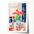 Maximalist Floral Still Life Wall Art with Red Tulips and Tea Setting