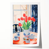 Maximalist Floral Still Life Wall Art with Red Tulips and Tea Setting