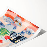 Maximalist Floral Still Life Wall Art with Red Tulips and Tea Setting