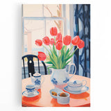 Maximalist Floral Still Life Wall Art with Red Tulips and Tea Setting