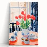 Maximalist Floral Still Life Wall Art with Red Tulips and Tea Setting