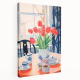Maximalist Floral Still Life Wall Art with Red Tulips and Tea Setting