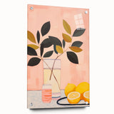 Maximalist Still Life Wall Art with Bold Leaves, Lemons, and Pastel Pink