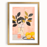 Maximalist Still Life Wall Art with Bold Leaves, Lemons, and Pastel Pink