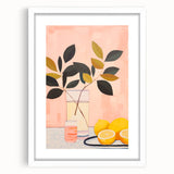 Maximalist Still Life Wall Art with Bold Leaves, Lemons, and Pastel Pink
