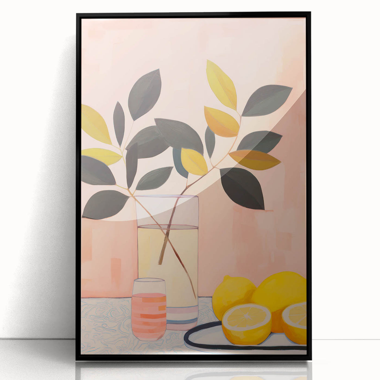 Maximalist Still Life Wall Art with Bold Leaves, Lemons, and Pastel Pink