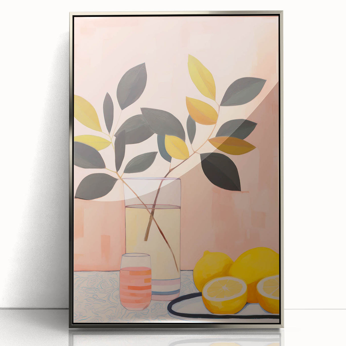 Maximalist Still Life Wall Art with Bold Leaves, Lemons, and Pastel Pink