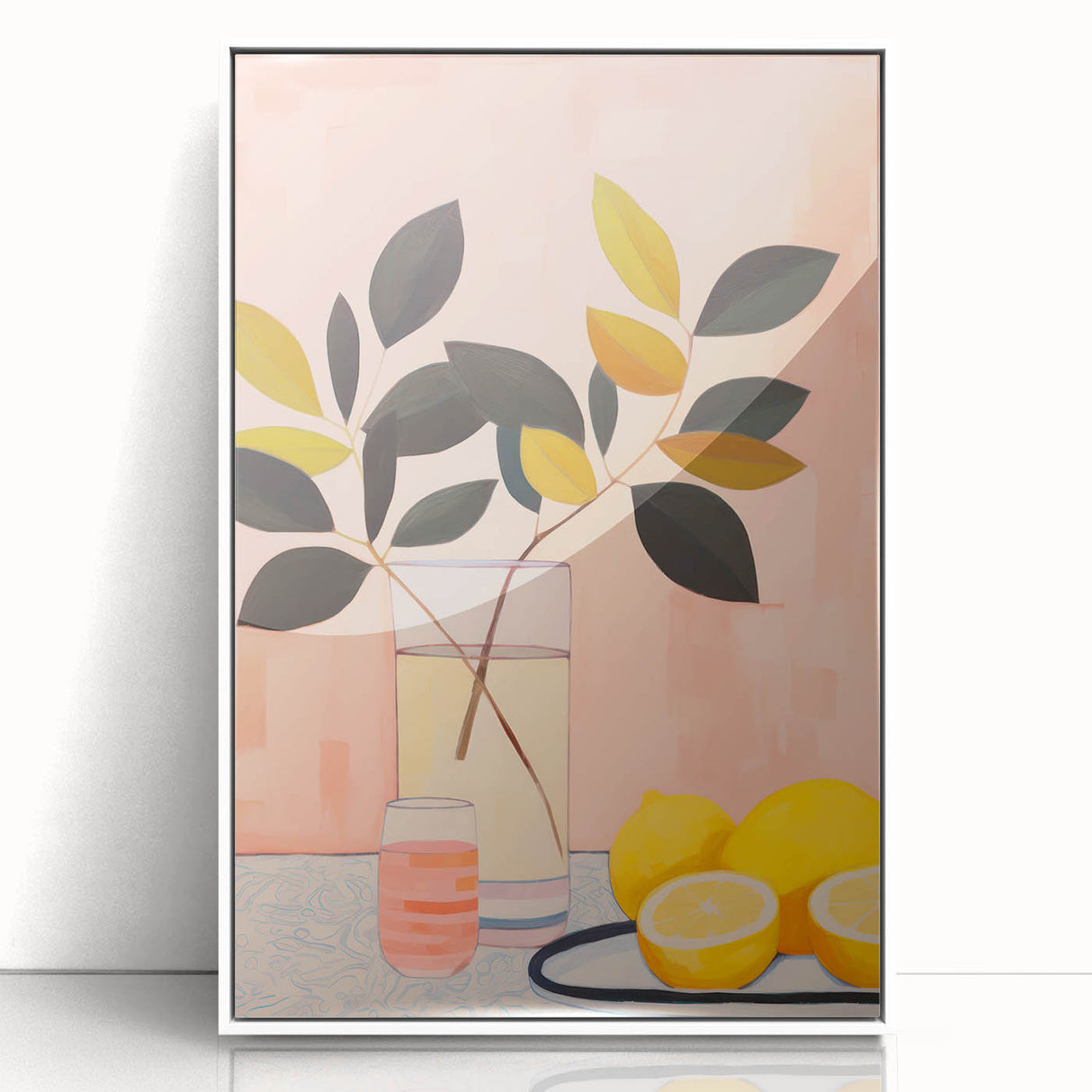 Maximalist Still Life Wall Art with Bold Leaves, Lemons, and Pastel Pink