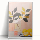 Maximalist Still Life Wall Art with Bold Leaves, Lemons, and Pastel Pink