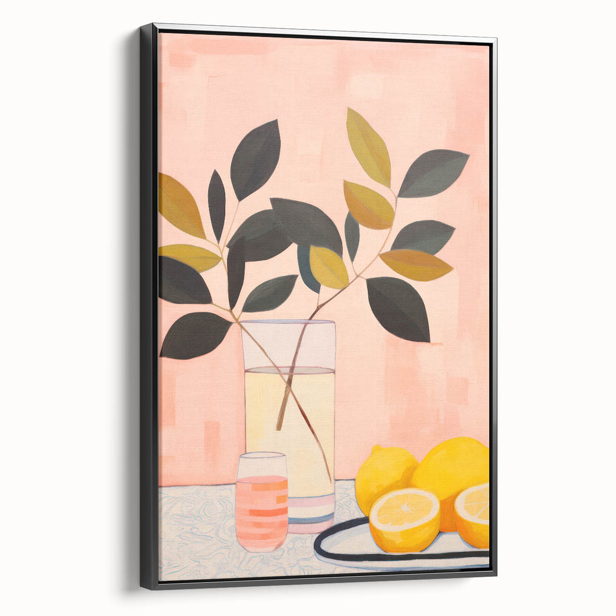 Maximalist Still Life Wall Art with Bold Leaves, Lemons, and Pastel Pink