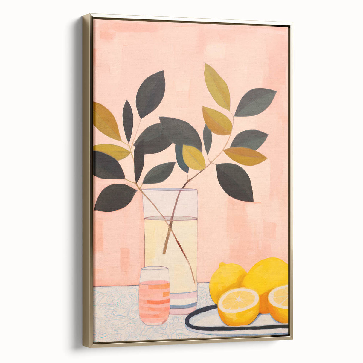 Maximalist Still Life Wall Art with Bold Leaves, Lemons, and Pastel Pink