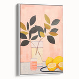 Maximalist Still Life Wall Art with Bold Leaves, Lemons, and Pastel Pink