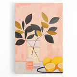 Maximalist Still Life Wall Art with Bold Leaves, Lemons, and Pastel Pink