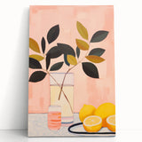 Maximalist Still Life Wall Art with Bold Leaves, Lemons, and Pastel Pink
