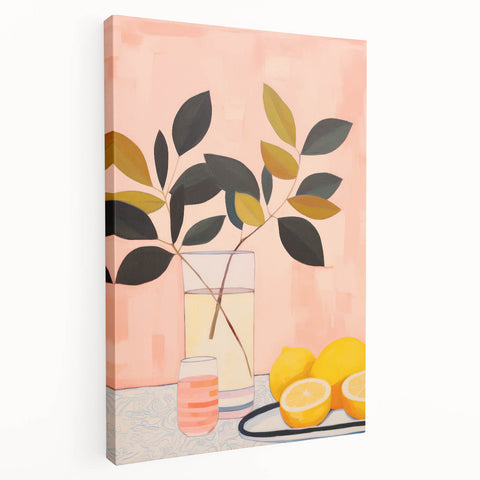Maximalist Still Life Wall Art with Bold Leaves, Lemons, and Pastel Pink