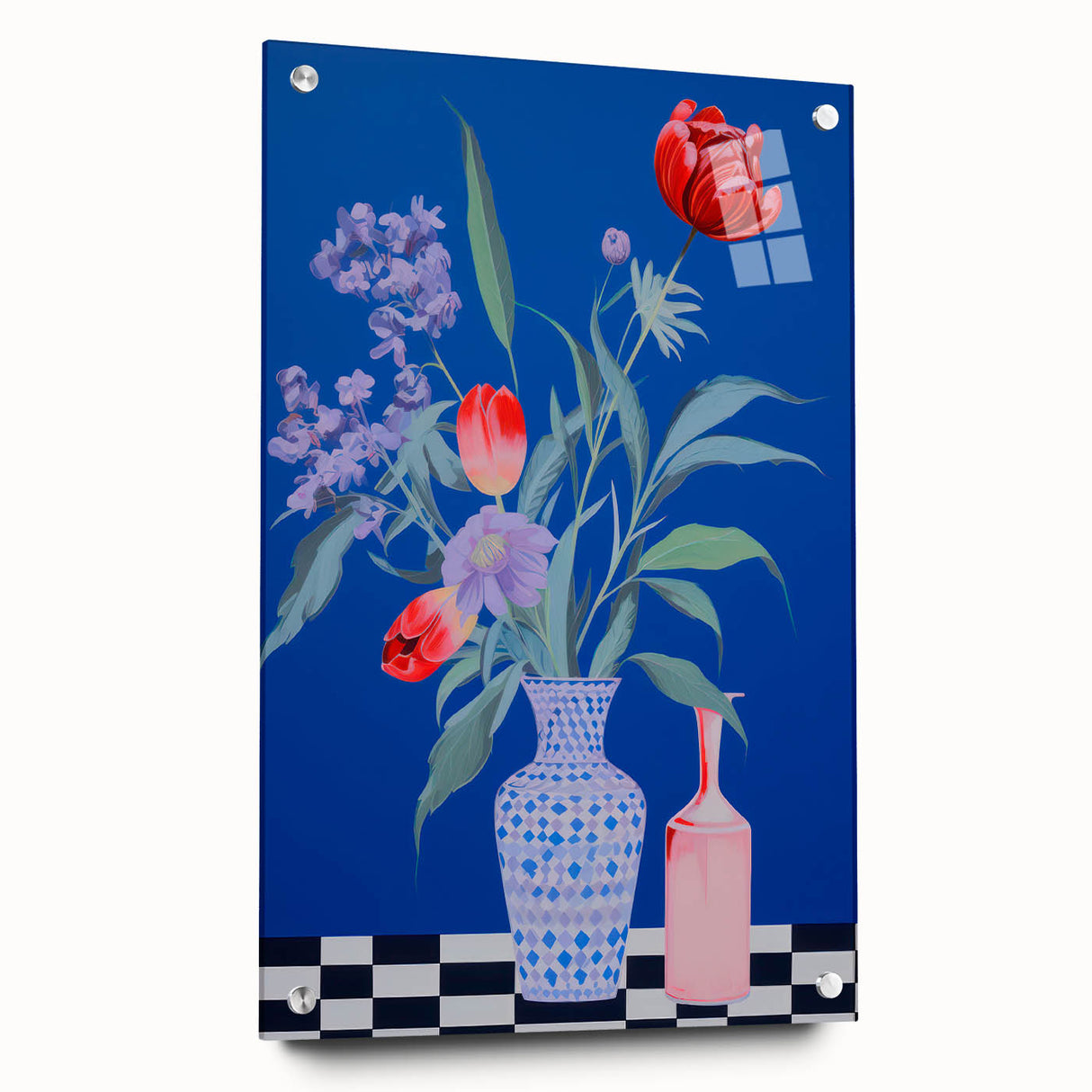 Maximalist Wall Art - Bold Floral Vase Decor with Blue and Red Accents