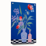 Maximalist Wall Art - Bold Floral Vase Decor with Blue and Red Accents