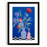 Maximalist Wall Art - Bold Floral Vase Decor with Blue and Red Accents