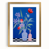 Maximalist Wall Art - Bold Floral Vase Decor with Blue and Red Accents