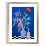 Maximalist Wall Art - Bold Floral Vase Decor with Blue and Red Accents