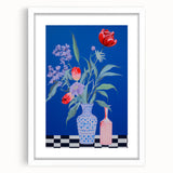 Maximalist Wall Art - Bold Floral Vase Decor with Blue and Red Accents