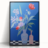 Maximalist Wall Art - Bold Floral Vase Decor with Blue and Red Accents