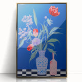 Maximalist Wall Art - Bold Floral Vase Decor with Blue and Red Accents