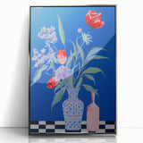 Maximalist Wall Art - Bold Floral Vase Decor with Blue and Red Accents