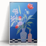 Maximalist Wall Art - Bold Floral Vase Decor with Blue and Red Accents