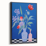 Maximalist Wall Art - Bold Floral Vase Decor with Blue and Red Accents