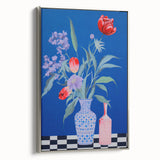 Maximalist Wall Art - Bold Floral Vase Decor with Blue and Red Accents