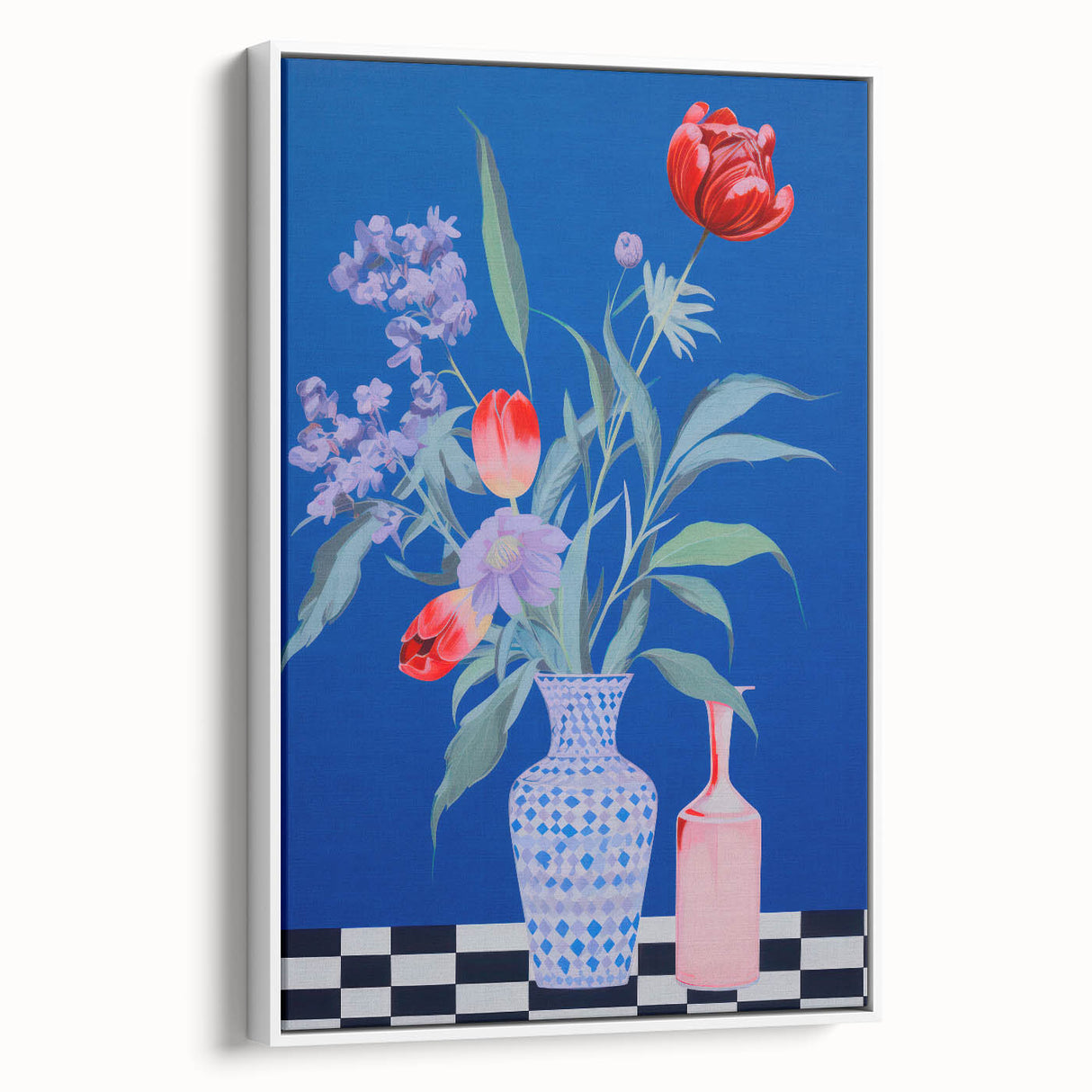 Maximalist Wall Art - Bold Floral Vase Decor with Blue and Red Accents