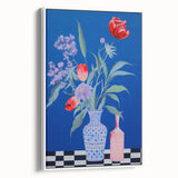 Maximalist Wall Art - Bold Floral Vase Decor with Blue and Red Accents