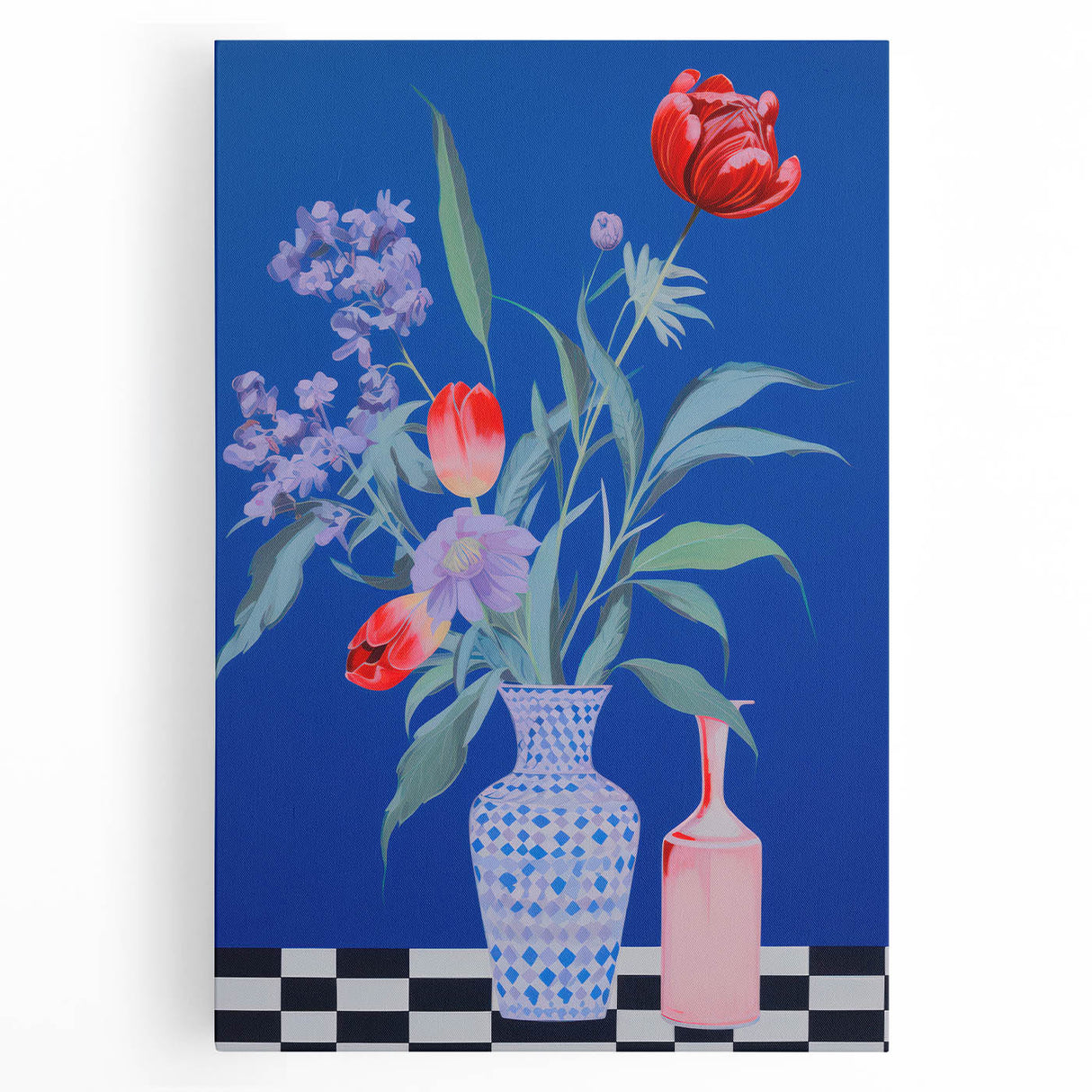 Maximalist Wall Art - Bold Floral Vase Decor with Blue and Red Accents