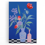 Maximalist Wall Art - Bold Floral Vase Decor with Blue and Red Accents