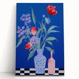 Maximalist Wall Art - Bold Floral Vase Decor with Blue and Red Accents