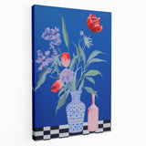 Maximalist Wall Art - Bold Floral Vase Decor with Blue and Red Accents