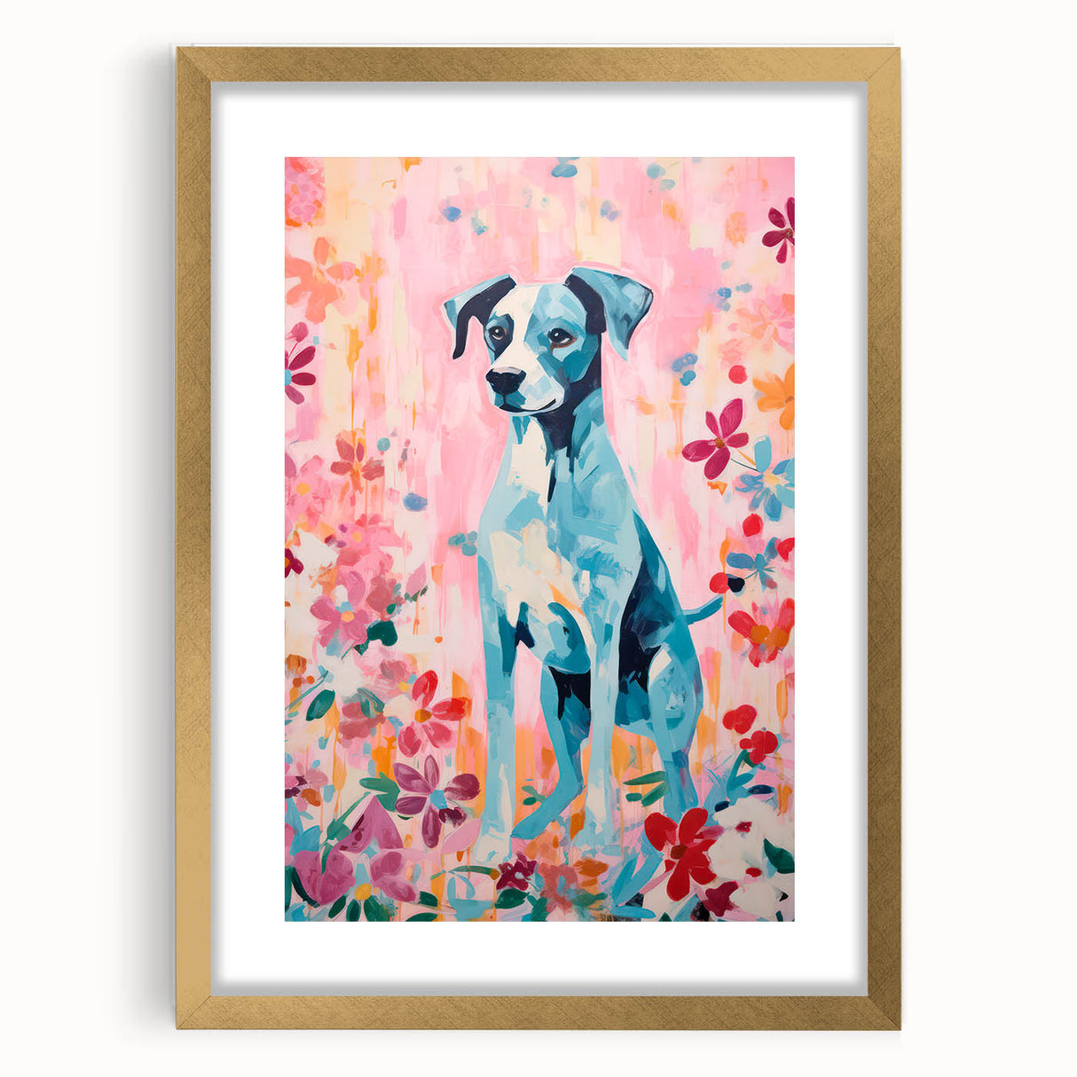 Maximalist Wall Art - Bold Dog Portrait with Floral Pink Background