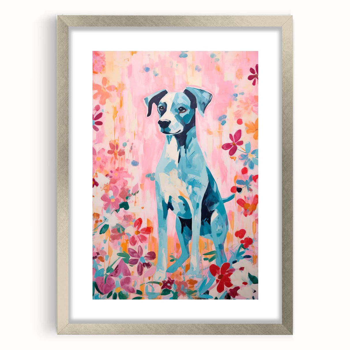 Maximalist Wall Art - Bold Dog Portrait with Floral Pink Background