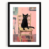 Maximalist Wall Art - Bold Black Cat on Chair with Pink Background