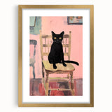 Maximalist Wall Art - Bold Black Cat on Chair with Pink Background