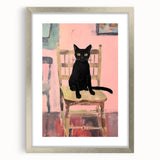 Maximalist Wall Art - Bold Black Cat on Chair with Pink Background