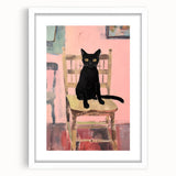 Maximalist Wall Art - Bold Black Cat on Chair with Pink Background