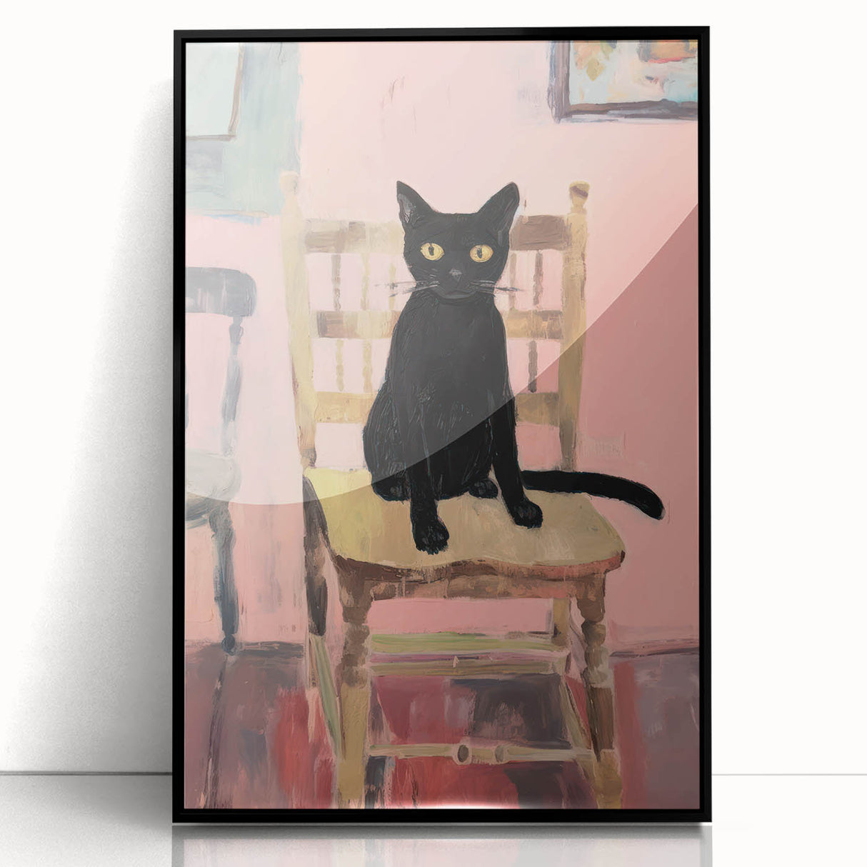 Maximalist Wall Art - Bold Black Cat on Chair with Pink Background