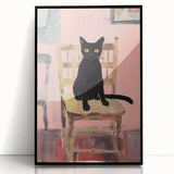 Maximalist Wall Art - Bold Black Cat on Chair with Pink Background