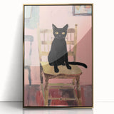 Maximalist Wall Art - Bold Black Cat on Chair with Pink Background