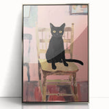 Maximalist Wall Art - Bold Black Cat on Chair with Pink Background