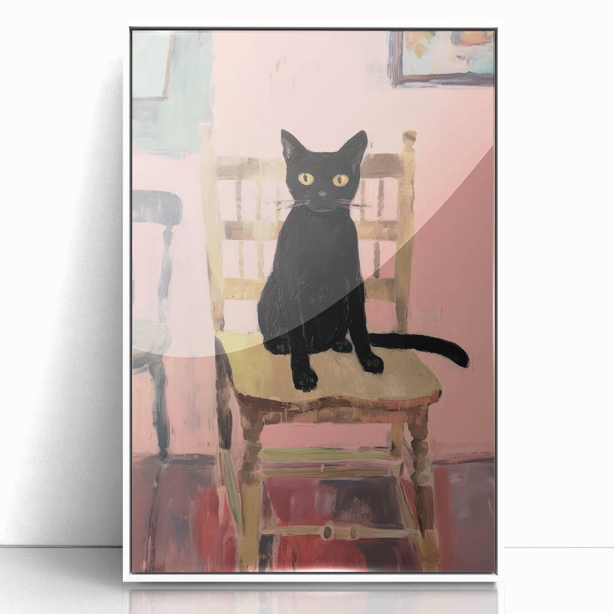 Maximalist Wall Art - Bold Black Cat on Chair with Pink Background