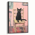 Maximalist Wall Art - Bold Black Cat on Chair with Pink Background